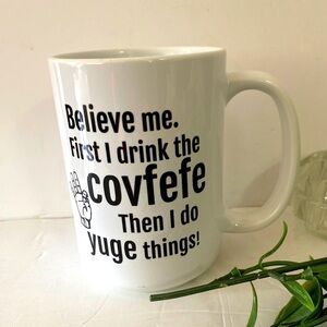 Coffee mug funny trump cup tea 16 ounces white black covfefe yuge